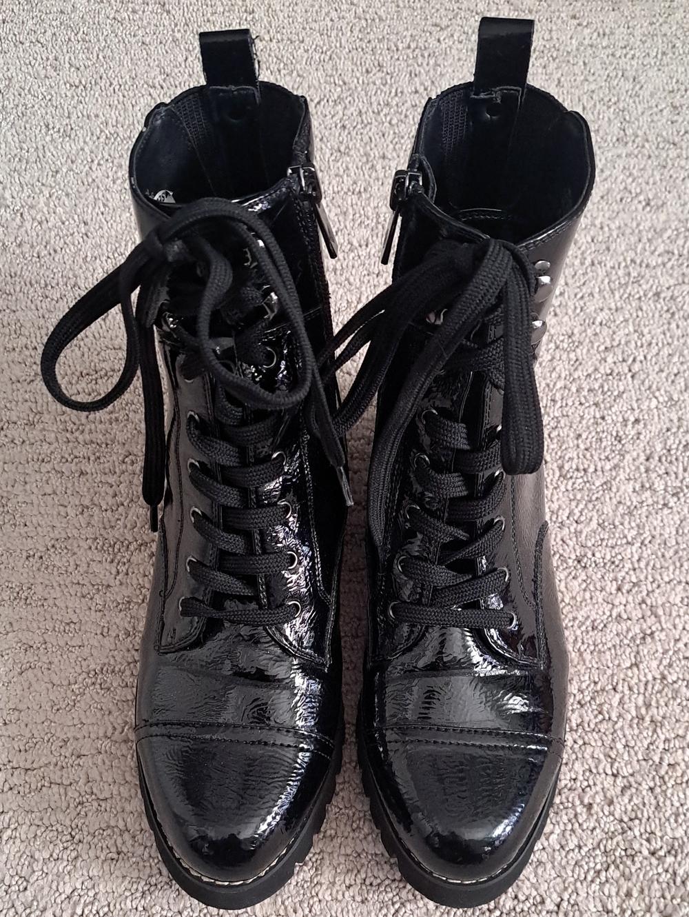 DONALD J. PLINER Black Patent Lace-Up Combat Boots